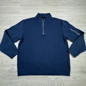 Bugatchi Mens Pullover Quarter Zip Navy Blue Large Cotton Sleeve Pocket Sweater